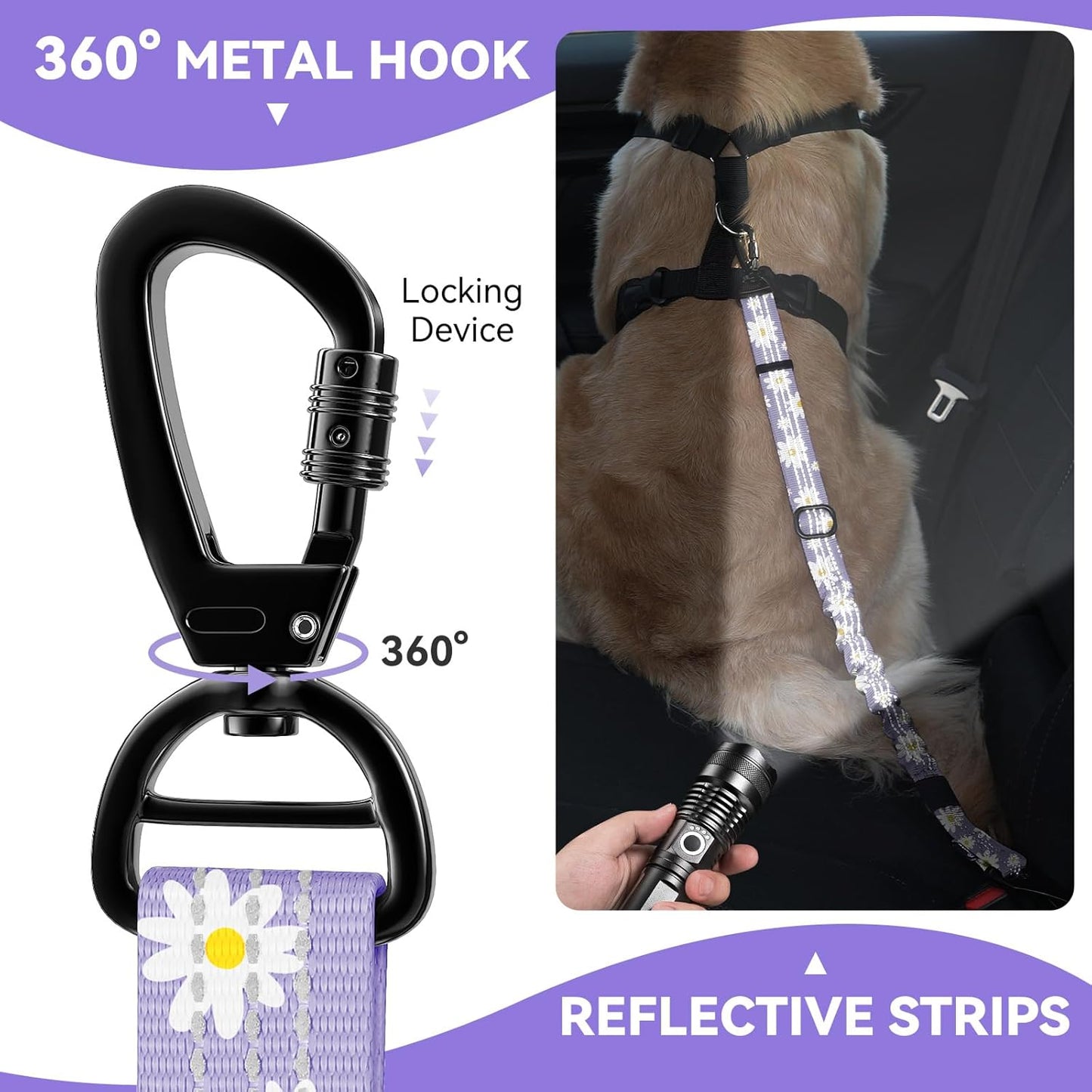 Pawaboo Dog Seatbelt for Car, Dog Seat Belt Bungee, Shockproof Dogs Tether for Car with Buckle & Hook Latch, Adjustable Reflective Dogs Cars Harness Leash with 360° Lockable Buckle, Light Purple