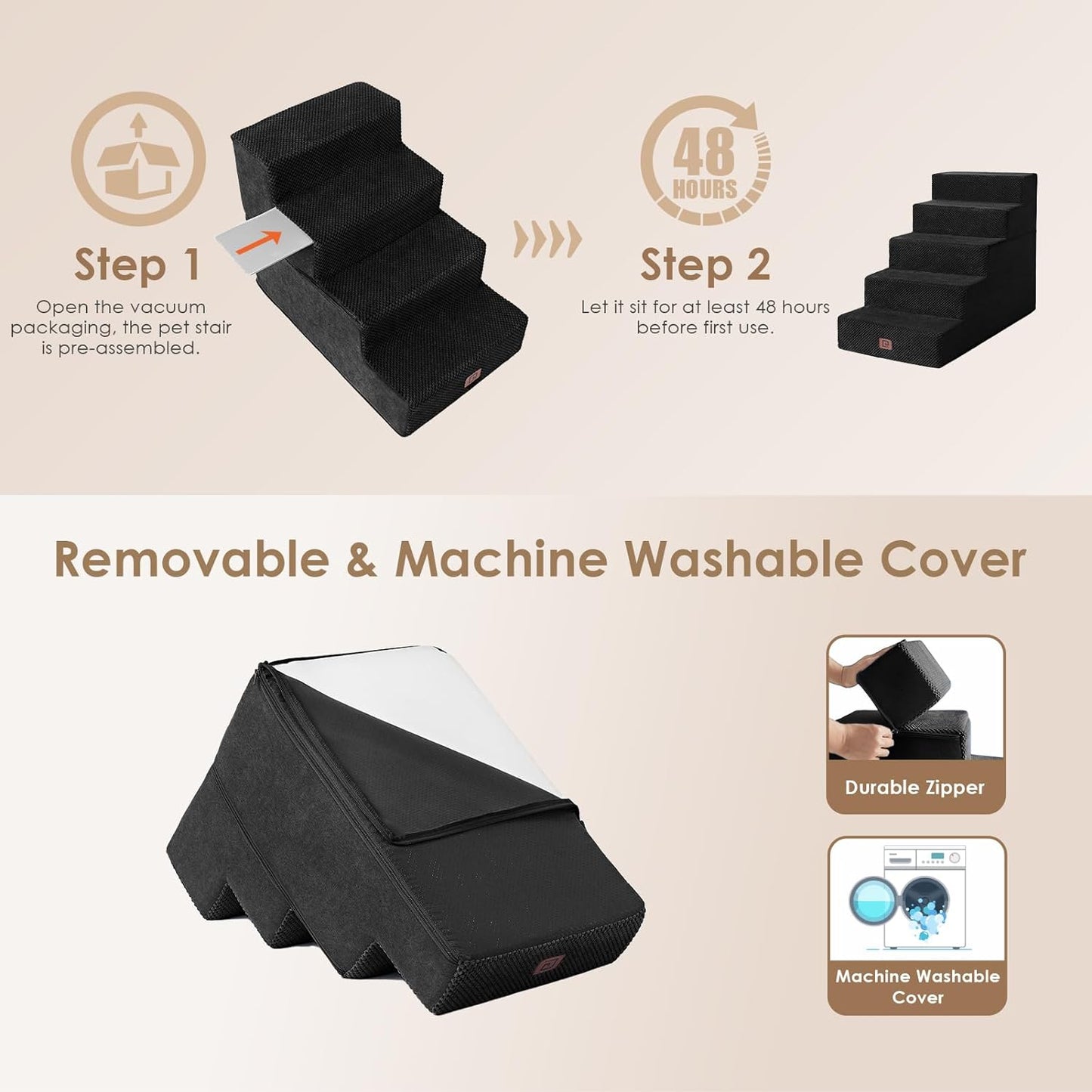 EHEYCIGA Dog Stairs for High Bed 22.5" H, 5-Step Dog Steps for Bed, Pet Steps for Small Dogs and Cats, Non-Slip Balanced Pet Ramp Indoor, Black