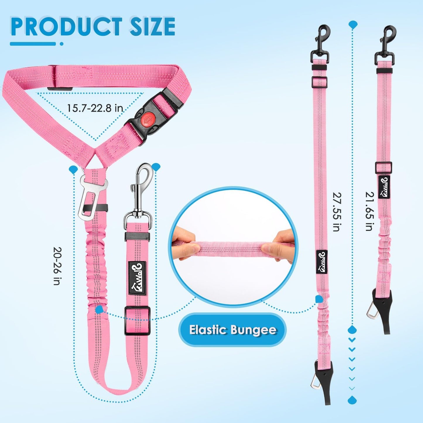 Lukovee Dog Seatbelt Leash for Cars, 2 Pack Pet Safety Seat Belt with Adjustable Buckle & Reflective Bungee, Connect Dog Harness in Vehicle Dogs Restraint Travel Daily Use (Pink)