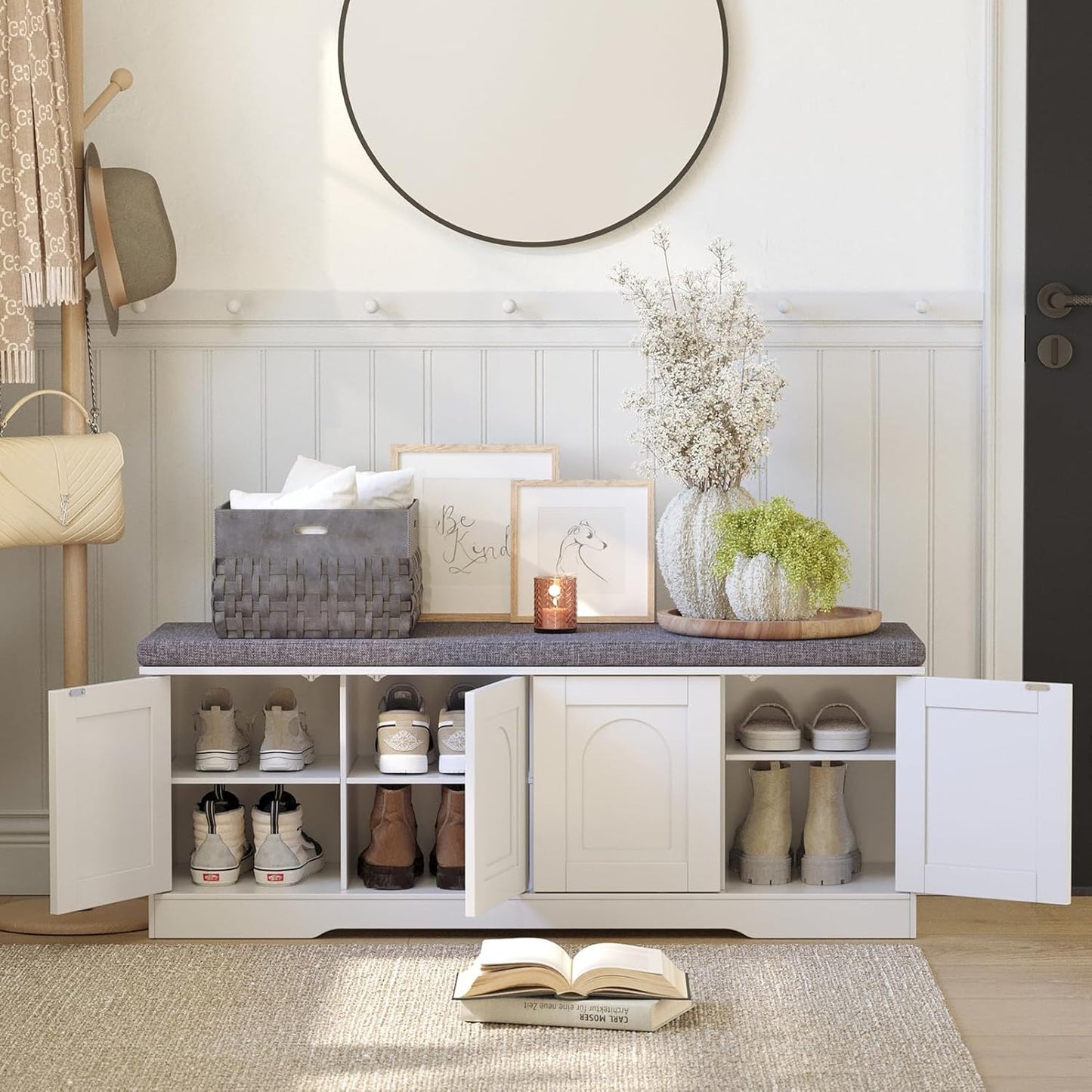 DINZI LVJ Shoe Bench, Entryway Storage Bench with Doors, Cushion, 2-Tier Shoe Rack with 8-Cubby, 47.2”L x 13.8”W Shoe Organizer Cabinet, Adjustable Shelf, Living Room, Bedroom, White