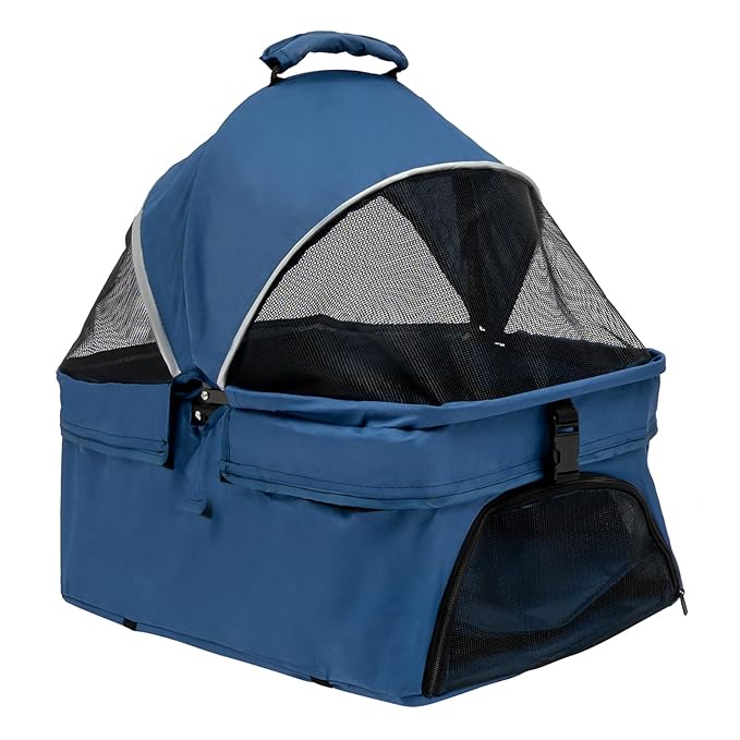 Pet Stroller, 4 Wheels Dog Cat Carrying Cart, Foldable Puppy Carrier with Storage Bag and Detachable Grid Structure for Small/Medium Dogs Cats Up to 44Lbs (Blue)