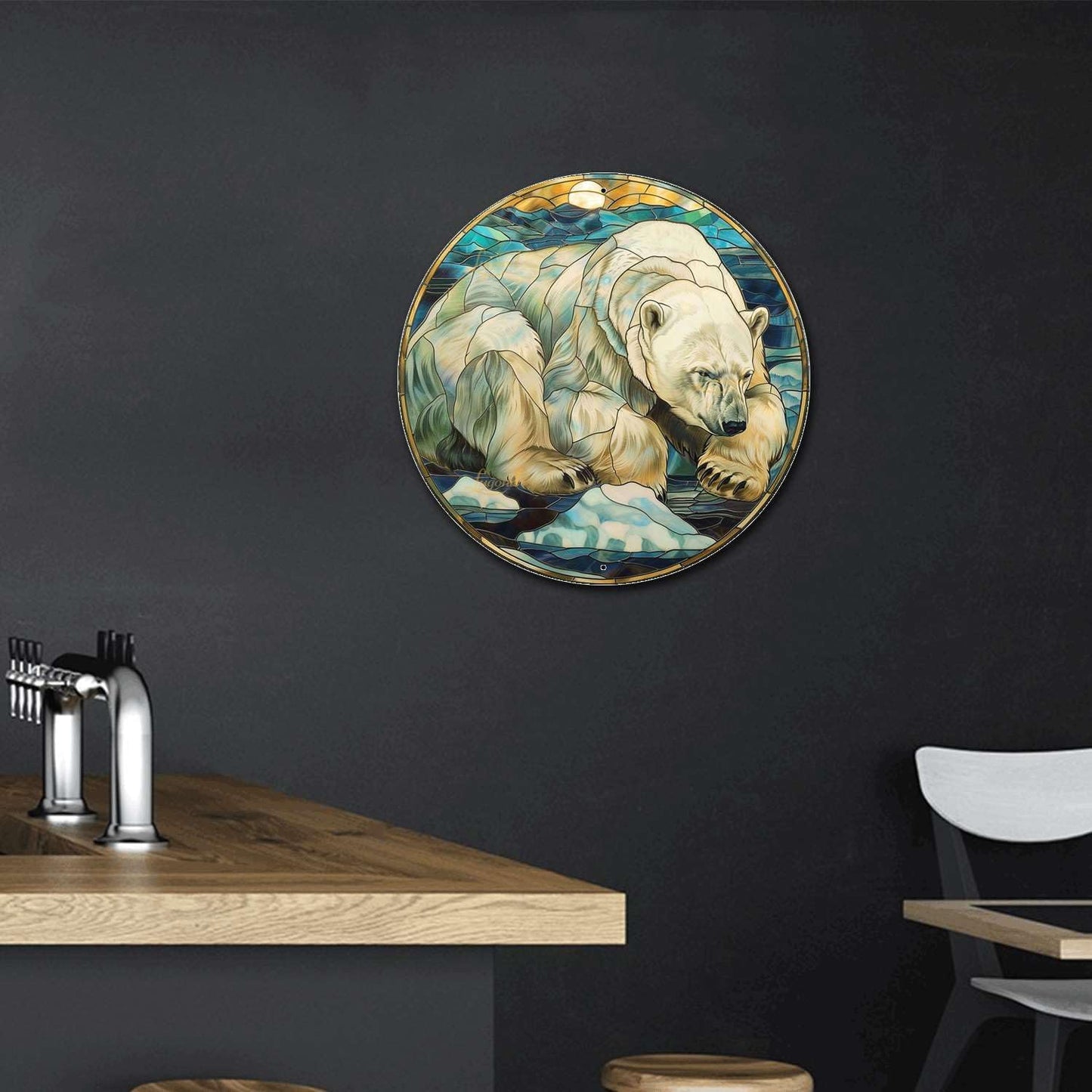 Lygond Metal Sign Tin Sign Circular Stained Glass Polar Bear Garden Tin Sign for Pet 8×8 Inches