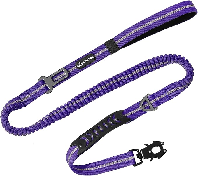 Heavy Duty Bungee Dog Leashes, 4-6FT Shock Absorbing Tactical Dog Leash with 2 Padded Handles, Metal Carabiner Clip,Car Seatbelt, Reflective Dog Leash for Medium Large Dogs (Purple)