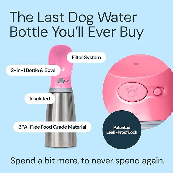 MalsiPree Insulated Dog Water Bottle - 24 Oz, Pink - Leak-Proof Stainless Steel Portable Travel Dispenser & Bowl