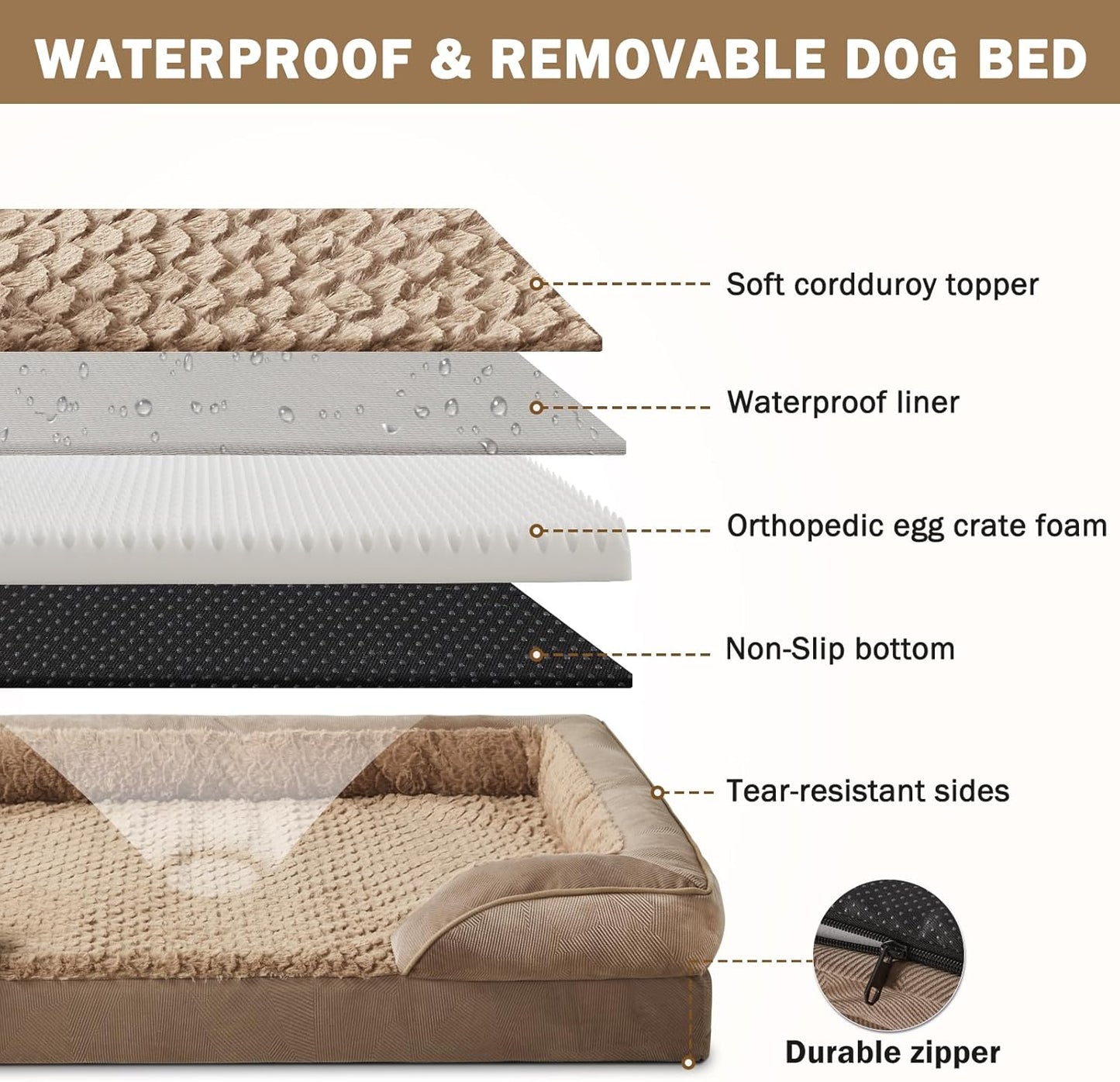INVENHO Orthopedic Dog Beds Large Sized, XL Washable Dog Sofa with Egg-Crate Foam, Waterproof Lining and Non-Skid Bottom