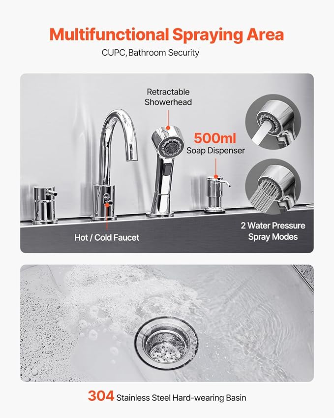 VEVOR Professional 304 Stainless Steel Dog Bathing Station, 61 inch Pet Grooming Tub w/Anti-Slip ramp, Storage Drawer, Cold Hot Faucet Showerhead, for Large & Medium & Small (Left Door, with Drawer)