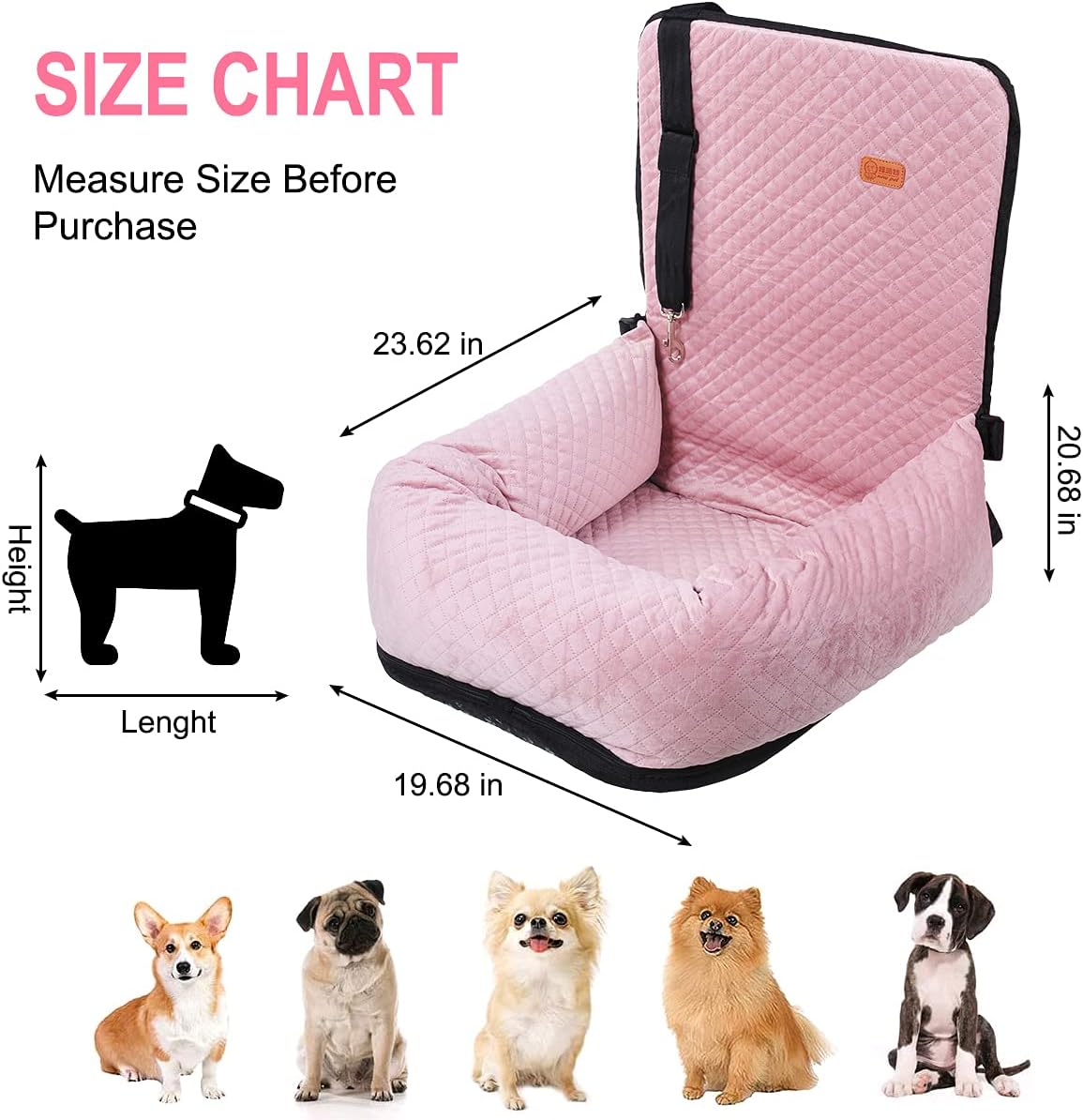 Dog Car Seat for Small Medium Dogs Up to 40lbs, Detachable Washable Soft Pet Booster Travel Bed for Front & Pink Seat with Safety Leash Belt