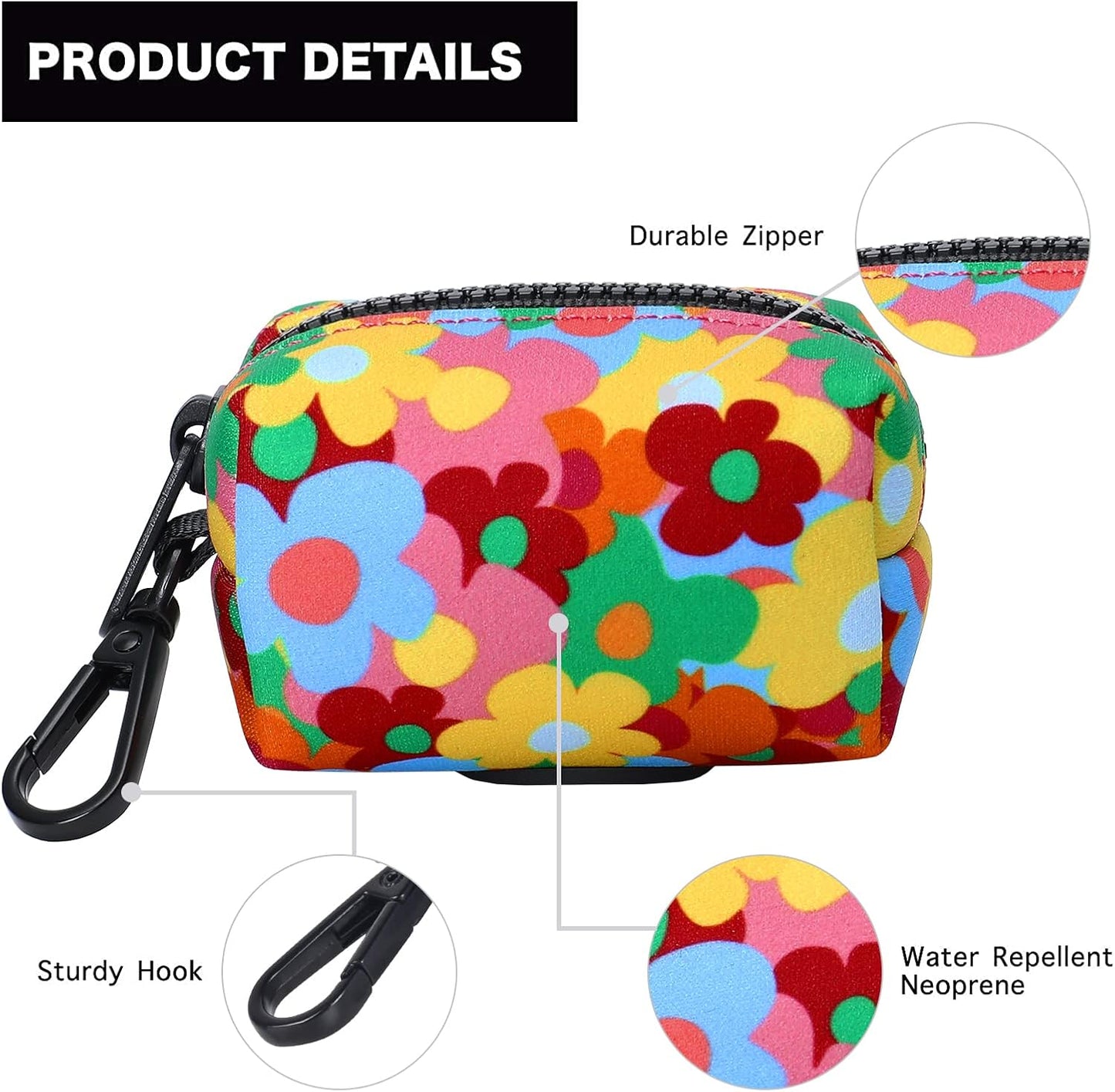 Petmolico Dog Poop Bag Holder Leash Attachment, Pet Waste Bag Dispenser Zippered Pouch, Fits Any Leash, Includes Free Roll of Dog Bags, Poop Bag Dispenser - 2 Pack, Colorful Flowers