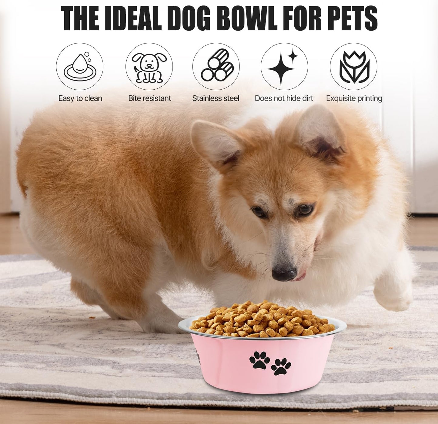 Stainless Steel Dog Bowls, Nonslip Rubber Bottom No Spill Proof Skid Metal Insulated Dog Bowls for Large Medium Small Breed Dogs (Pink, 6.6 Cups/53 OZ)