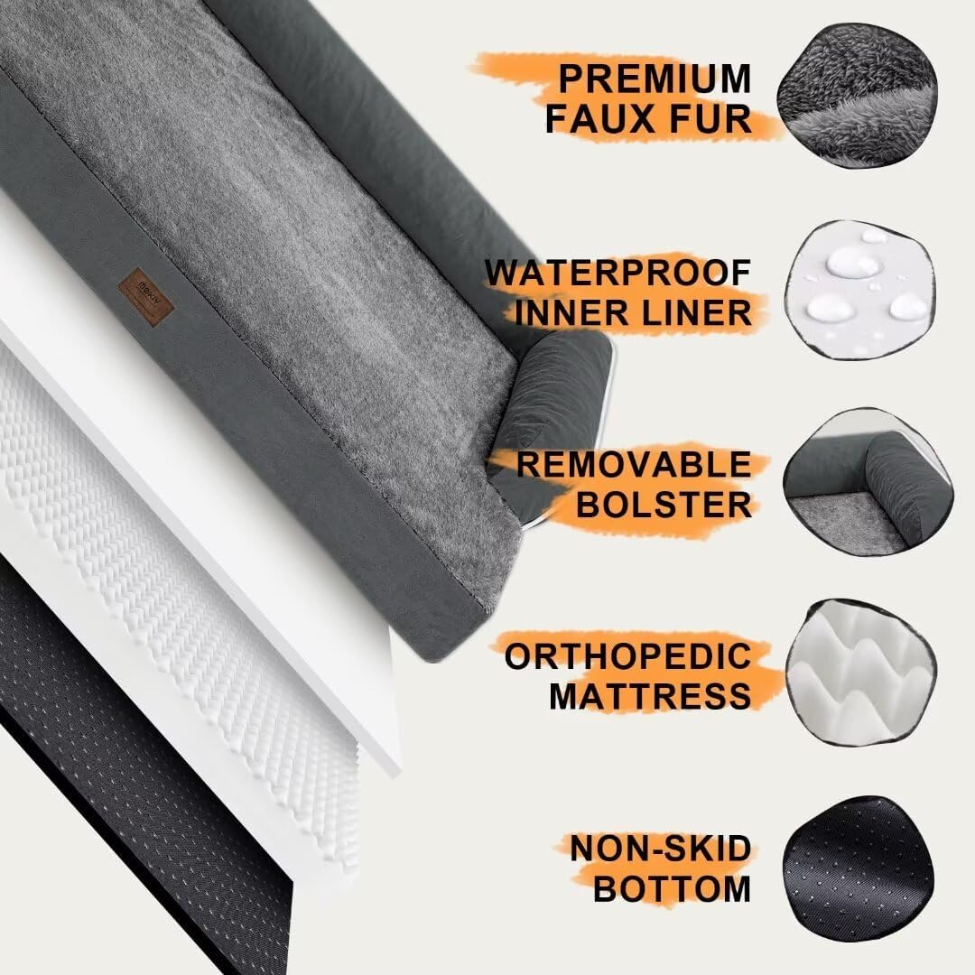 Large Dog Bed Orthopedic Washable - Memory Foam - XXL Large Big Dogs - Beds Bolster Pet - Couch Sofa - Waterproof with Removable Cover - Dark Grey Dog Bed