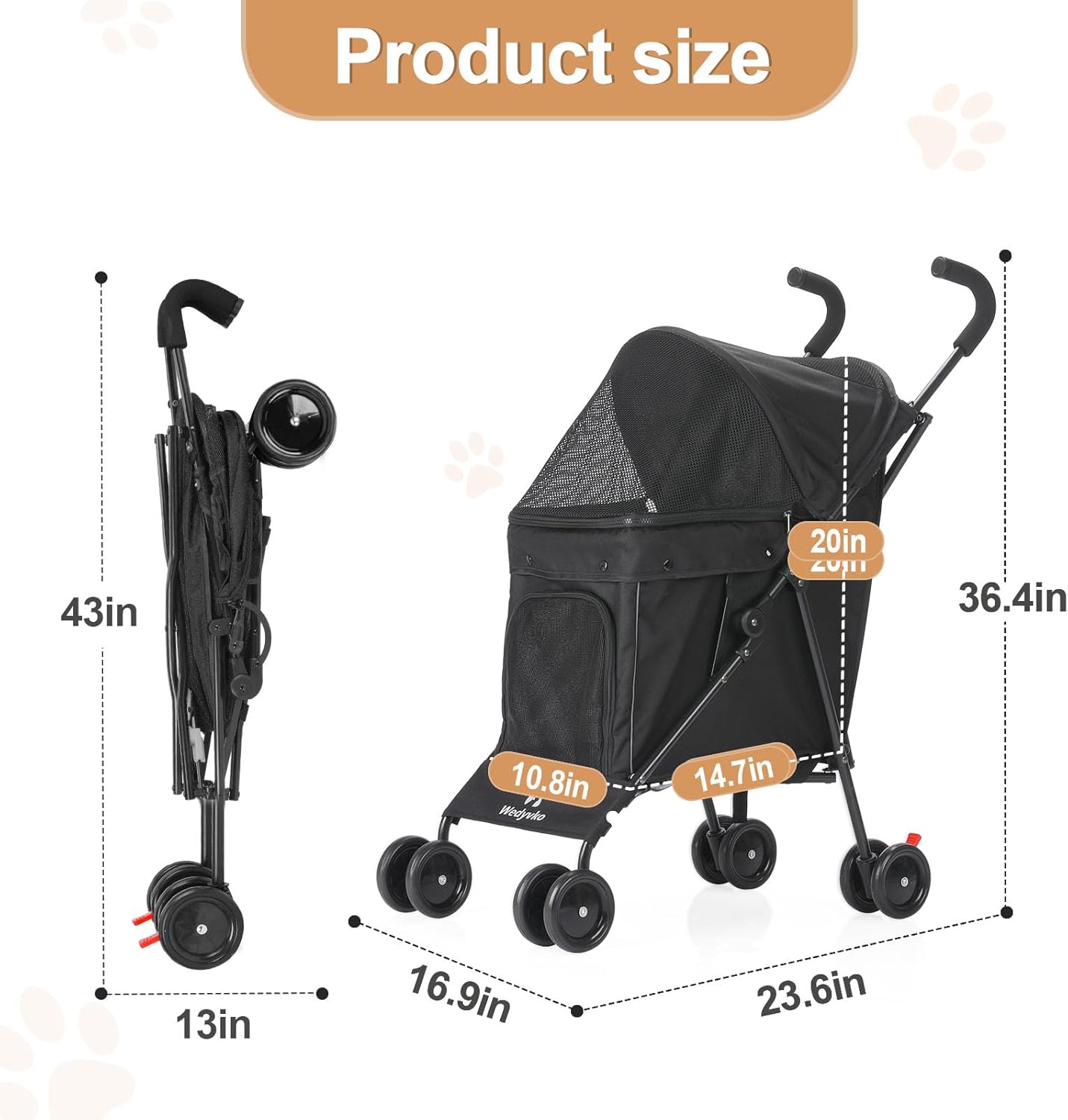 Wedyvko Travel Portable Dog Stroller, Pet Stroller for Small Puppy Dogs & Cats, Up to 33 lbs, Black