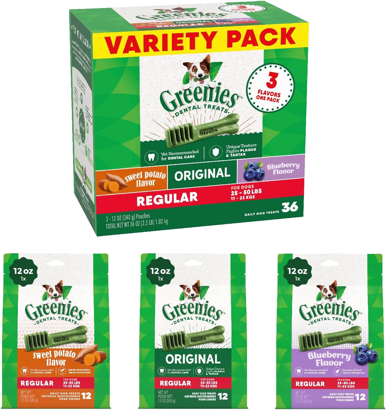 Greenies Regular Dental Dog Treats, 3-Flavor Variety Pack, (3) 12 oz. Pouches, 36 Total Treats