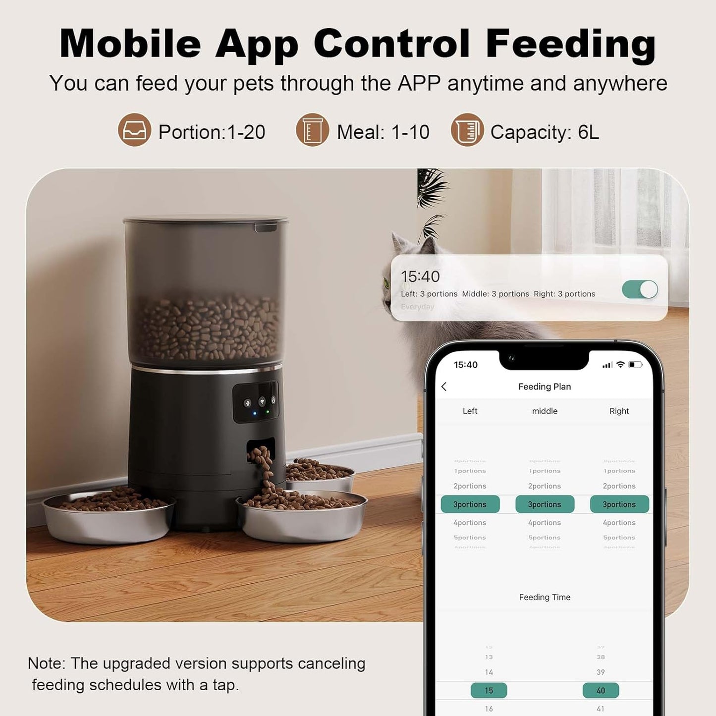 3-Cat Automatic Pet Feeder, 6L WiFi Cat Food Dispenser with APP Control, 1-10 Meal Programmable, Voice Recorder, Smart Alerts, Stainless Steel Bowls for Cats and Small Dogs (Black)