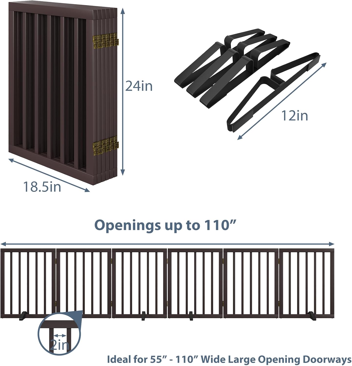Dog Gates for The House Doorways Extra Wide 110 Inches Wood Freestanding Pet Gates for Dogs Indoor Fence with Support Stands
