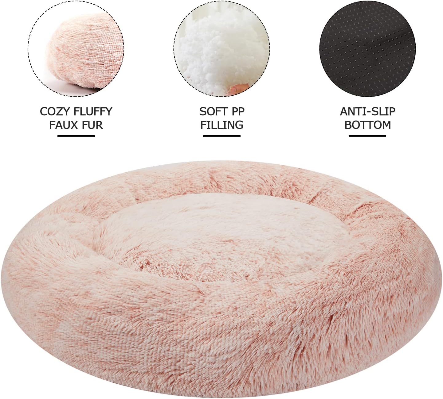 Bedfolks Calming Donut Dog Bed, 45-Inch Round Plush Anti-Anxiety Dog Bed, Washable with Non-Slip Bottom (Pink, Extra Large)