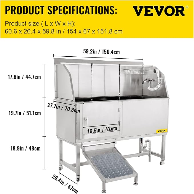 VEVOR Dog Grooming Tub, 62" L Pet Wash Station, 304 Stainless Steel Pet Grooming Tub Rated 661LBS Load Capacity, Non-Skid Dog Washing Station Comes with Ramp, Faucet, Sprayer and Drain Kit