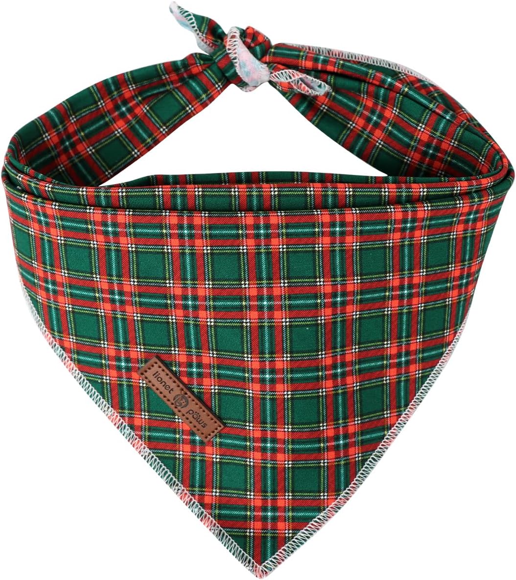 Lionet Paws Christmas Dog Bandana for Medium Large Dogs,Green Grid Dog Kerchief Washable Dogs Triangle Bibs Scarf for Girl or Boy