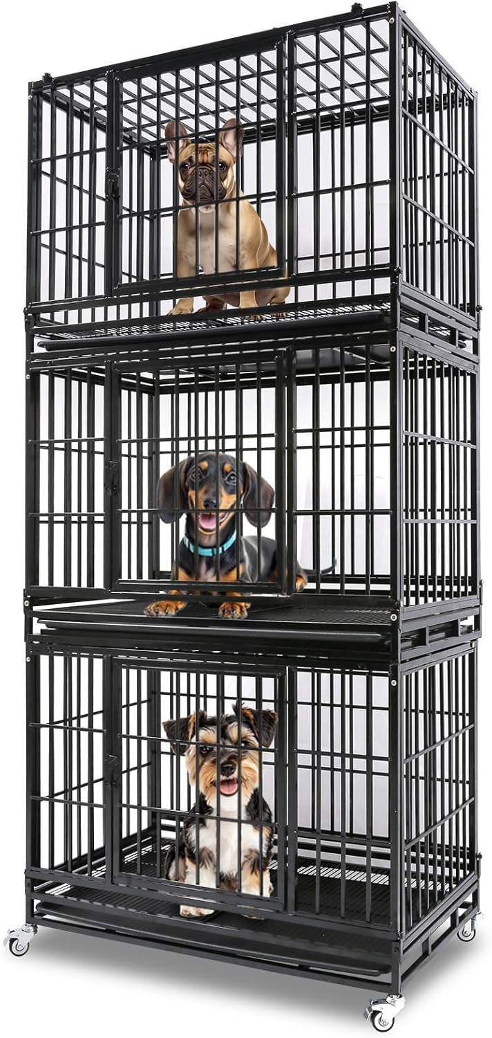 Homey Pet 37 Inch Heavy Duty Dog Crate Indestructible, Collapsible Dog Cage with Lockable Wheels, Removable Tray, High Anxiety Dog Kennel Indoor, Three Tiers Stackable Dog Crates for Medium Dogs