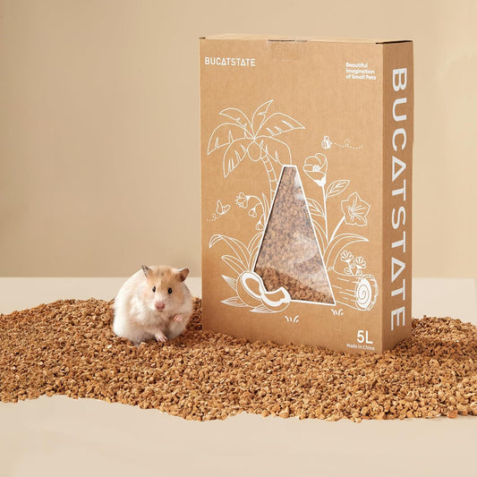 BUCATSTATE Cork Bedding 5L, Natural Hamster Bedding Odor Control for Dwarf Syrian Hamsters, Gerbils, Mice, Low-dust Hamster Substrate with Paper Hideout Box (Grain 2-4mm)