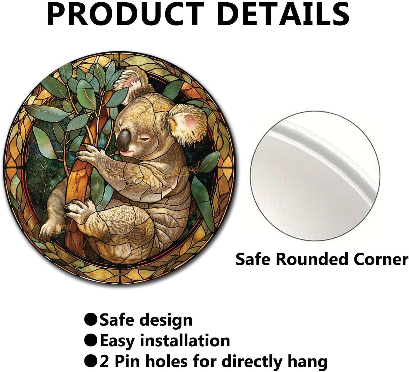 Lygond Metal Sign Tin Sign Circular Stained Glass Koala Kitty Decor for Garden 8×8 Inches