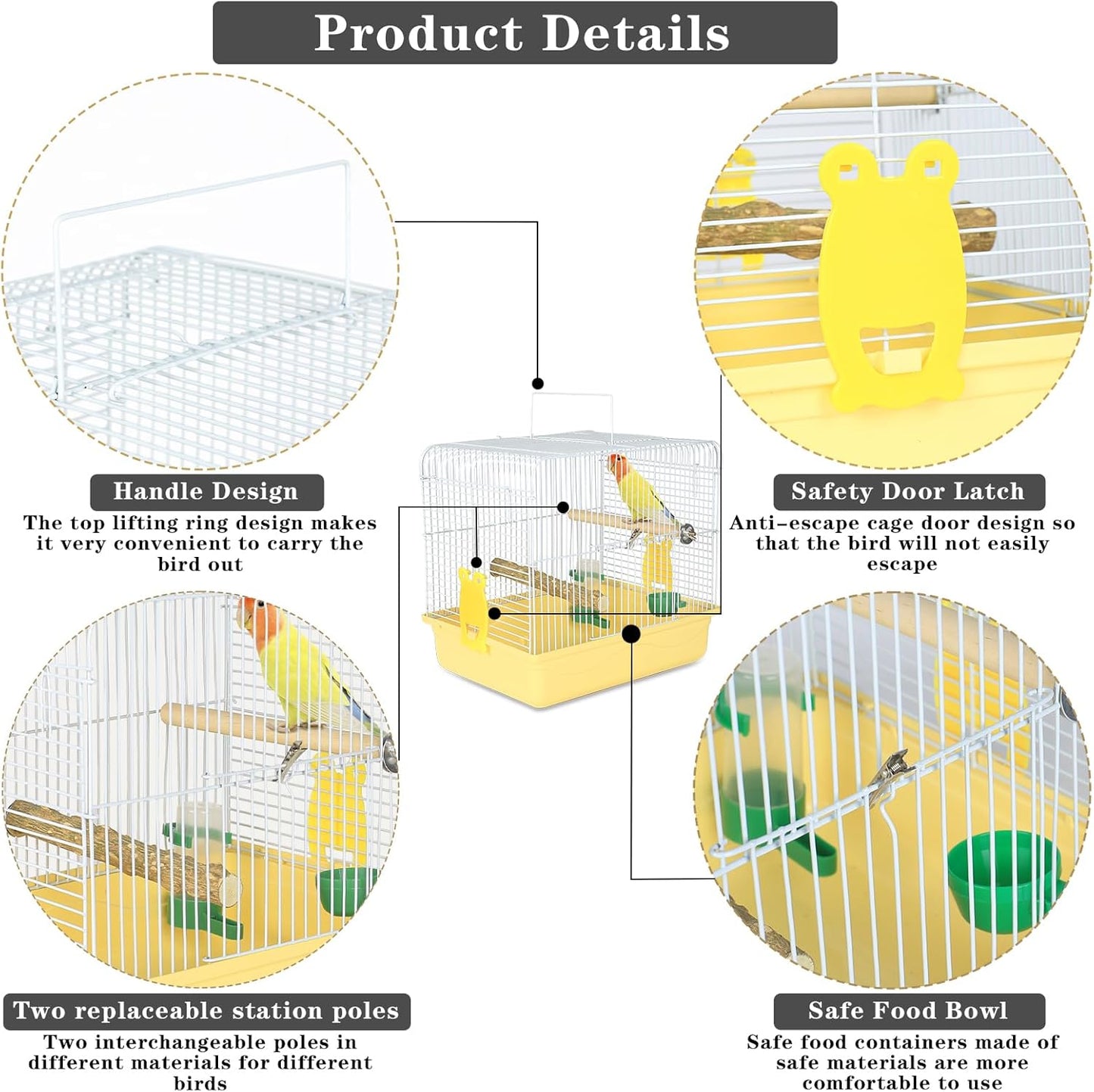 Small Bird Cage, Lightweight for Parakeets, Hanging for Parrot, Travel for Cockatiel, Outdoor Budgie, Pet Products Flat Top Economy Small Animal Cage with Stand Accessories with White Wire, Yellow