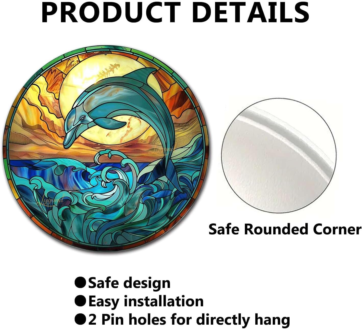 Lygond Metal Sign Tin Sign Circular Stained Glass Dolphin Funny Gardening Gift for Gift 8×8 Inches