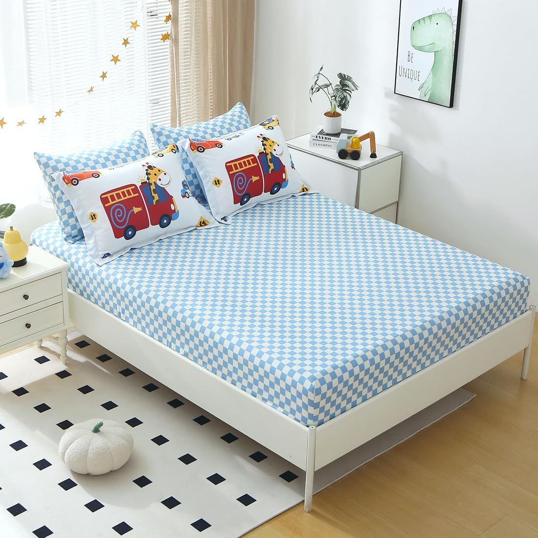 Kids Cars Animal Comforter Set Twin Size for Boys Girls Teens 7 Piece Cartoon Construction Fire Truck Excavator Police Ambulance Lion Cat Dog Elephant Bedding Set Bed in A Bag,Colourful