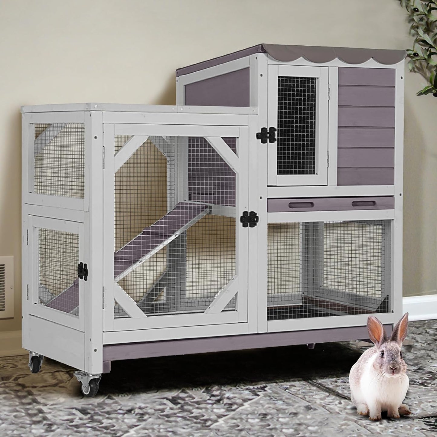 GUTINNEEN 2-Story Rabbit Hutch Indoor Bunny Cage Outdoor Guinea Pig House Wooden Small Animal Cage with Chew-Proof Ramp, Leak-Proof Tray, Lockable Wheels for 2-4 Rabbits, Guinea Pigs (Grey)