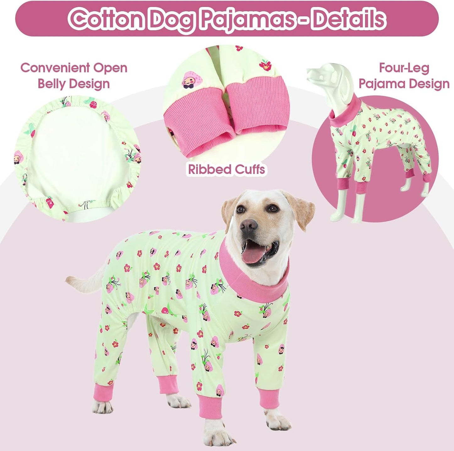 4-Legged Dog Pajamas for Medium & Large Dogs - Soft Cotton Dog Pjs Onesie with 4-Way Stretch, Cozy Breathable Pet Sleepwear for Cold Weather & Indoor Lounging - Green XL