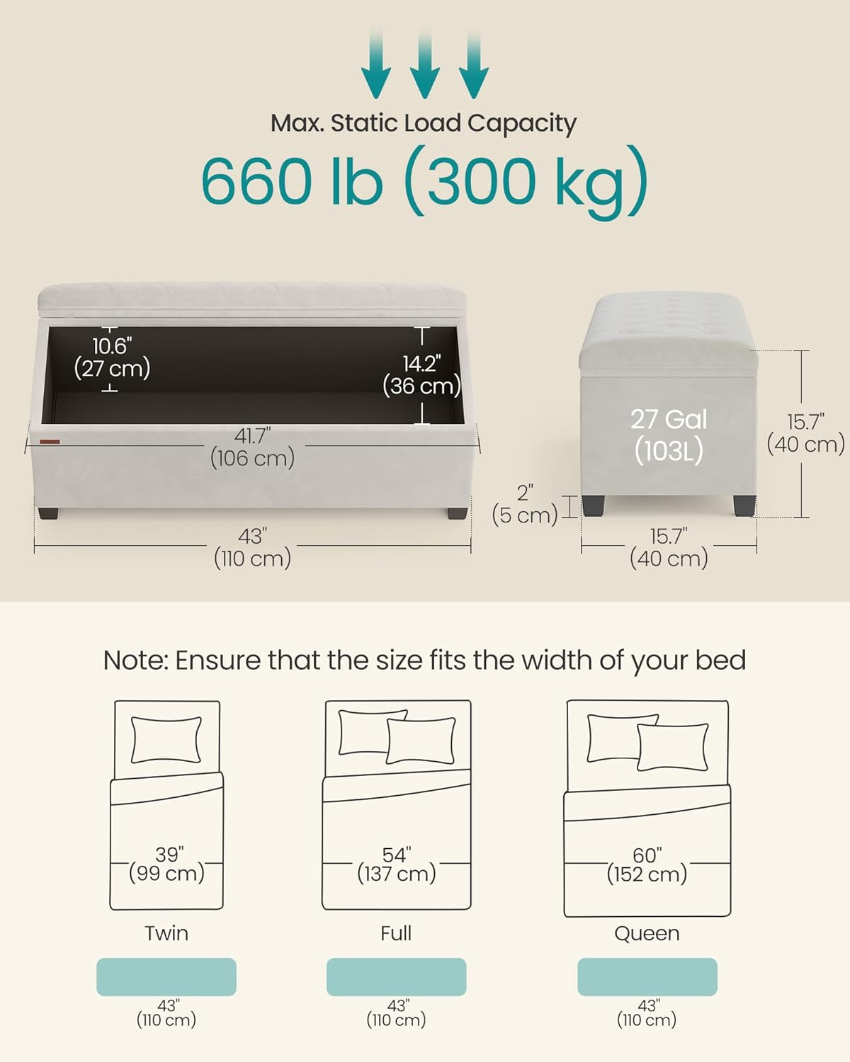 SONGMICS Velvet Storage Ottoman Bench, Foot Rest with Legs, 15.7 x 43 x 15.7 Inches, End of Bed Bench, Storage Chest, Load up to 660 lb, for Living Room, Bedroom, Entryway, Cream White ULSF089W01