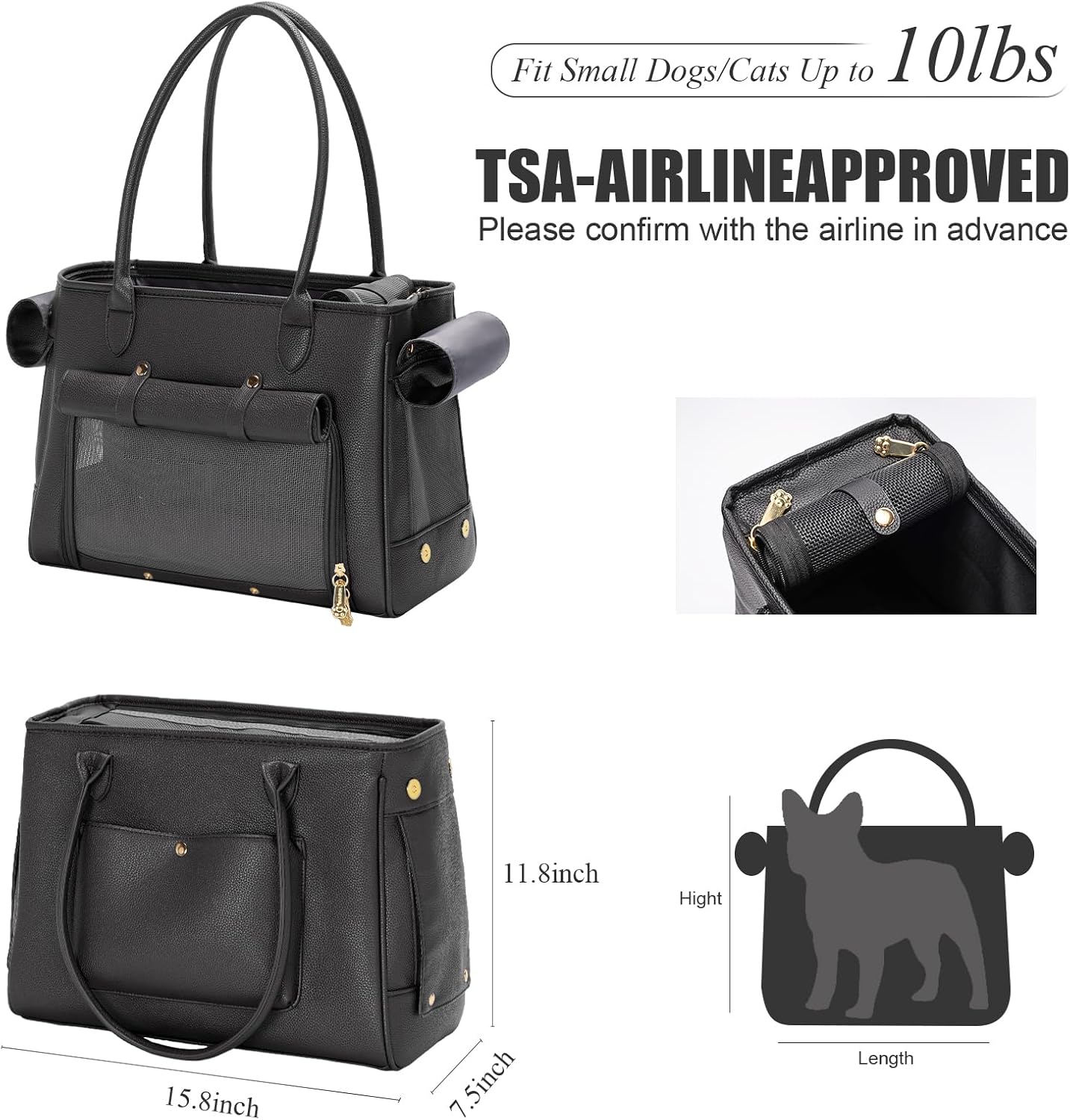 Fashion Pet Carrier Purse for Small Cat and Dog, Luxury Pu Soft-Sided Tote Bag with Large Pockets for Dogs and Puppies (Black, 15.8" L x 7.5" W x 11.8" H)