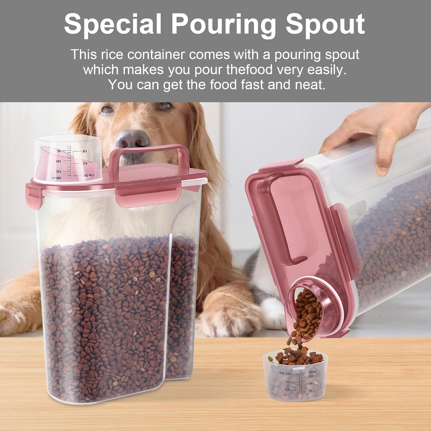 5-7Lbs Dog Cat Food Storage Container with Upgraded Large Nozzle BPA-free, 4 Snap Seals Plastic Pet Food Storage Containers with Handles (1, Clear Pink, 5L)