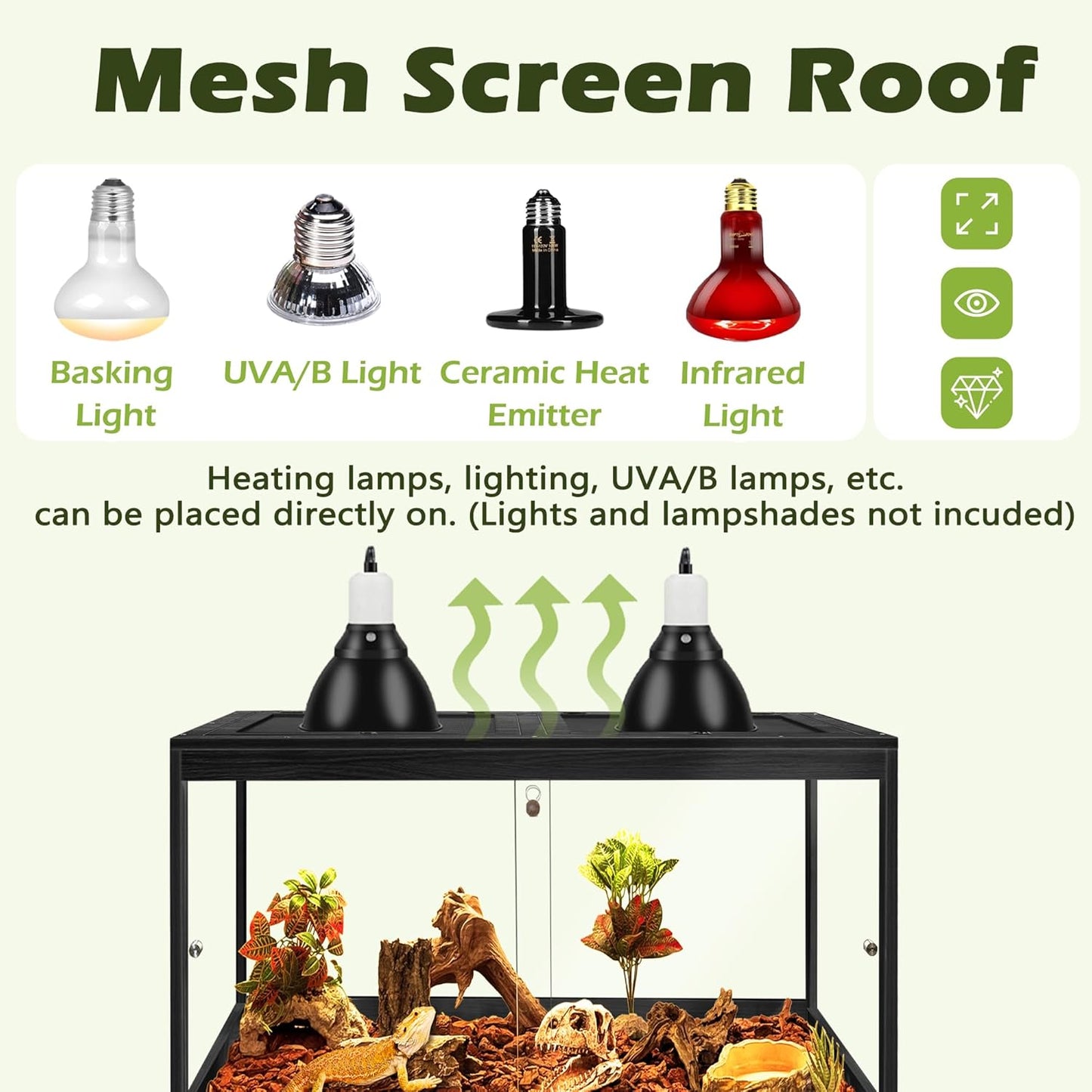 Prolee Tempered Glass Bearded Dragon Tank,Reptile Encloure and Snake Tank with Metal Mesh Roof Door,Locking Design Reptile Tank for Lizard,Gecko,Chameleon (Black, 28 Gallon (24x16x16 Inch))