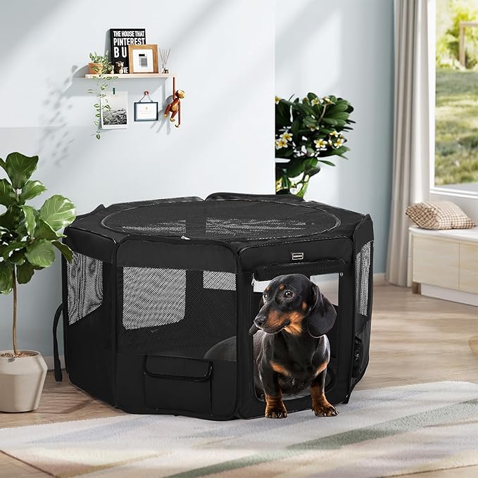DONORO Dog Playpen Portable Pet Play Pens for Small Dog/Cat/Rabbit/Chicks, Cat Playpen Indoor/Outdoor with Carring Case, Removable Zipper Top and Bottom (Black, Medium (36"x36"x20"), 8)