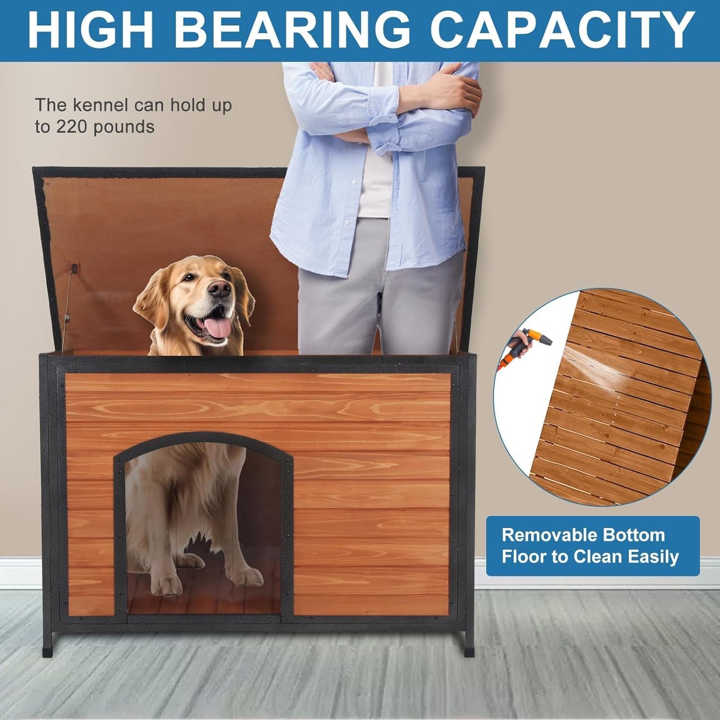 Dog House Outdoor Weatherproof 34.3" L Chew Proof Outside Dog Kennel for Small Medium Dogs with Strong Metal Chew Proof Frame Raised Design