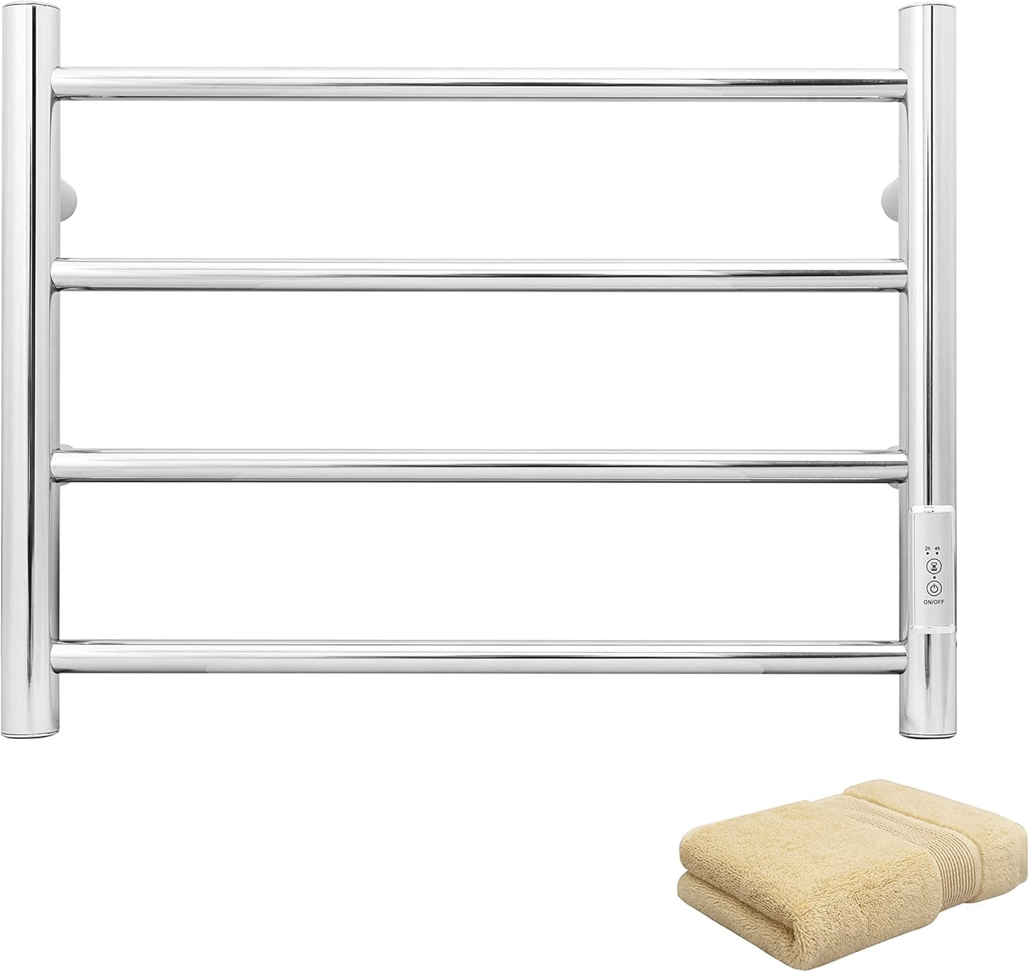 KEG Towel Warmer Wall Mounted with Built-in Timer 4 Bars Electric Stainless Steel Heated Towel Racks for Bathroom, Hot Plug-in Bath Towel Heater Brushed Nickel