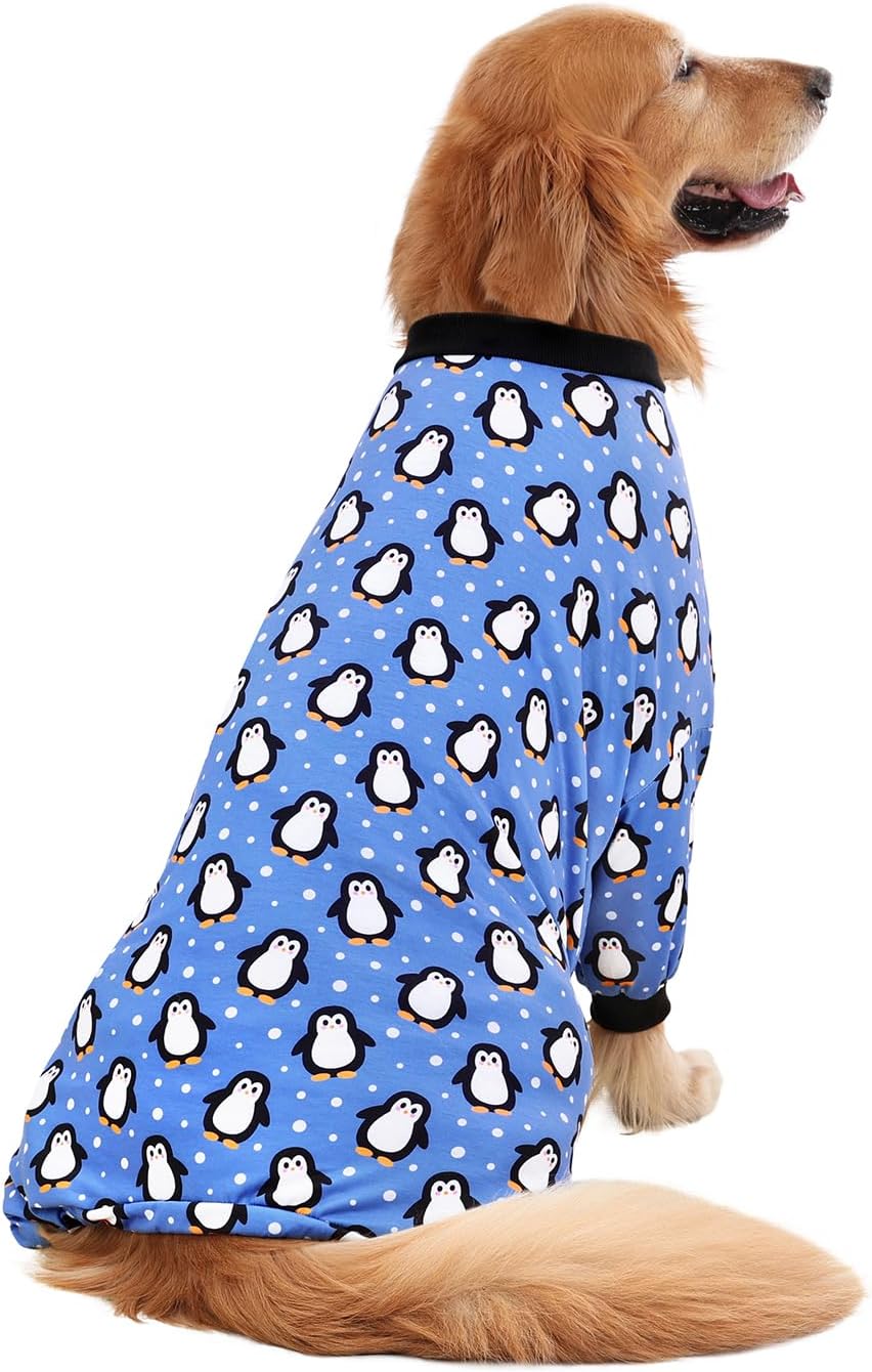 HDE Dog Pajamas One Piece Jammies Jumpsuit Pet Clothes Outfit Stretchy Lightweight Comfy Shirt Pjs for M-3XL Dogs Penguin Polka Dots - 3XL