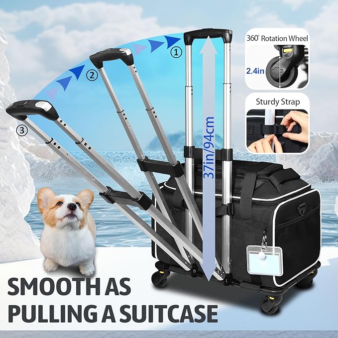 Petskd Top-Expandable Pet Carrier with Wheels 17x11x9.5 Inches Alaska Airline Approved, Soft-Sided Carrier for Small Cats Dogs with Locking Safety Zippers and Anti-Scratch Mesh(Black)