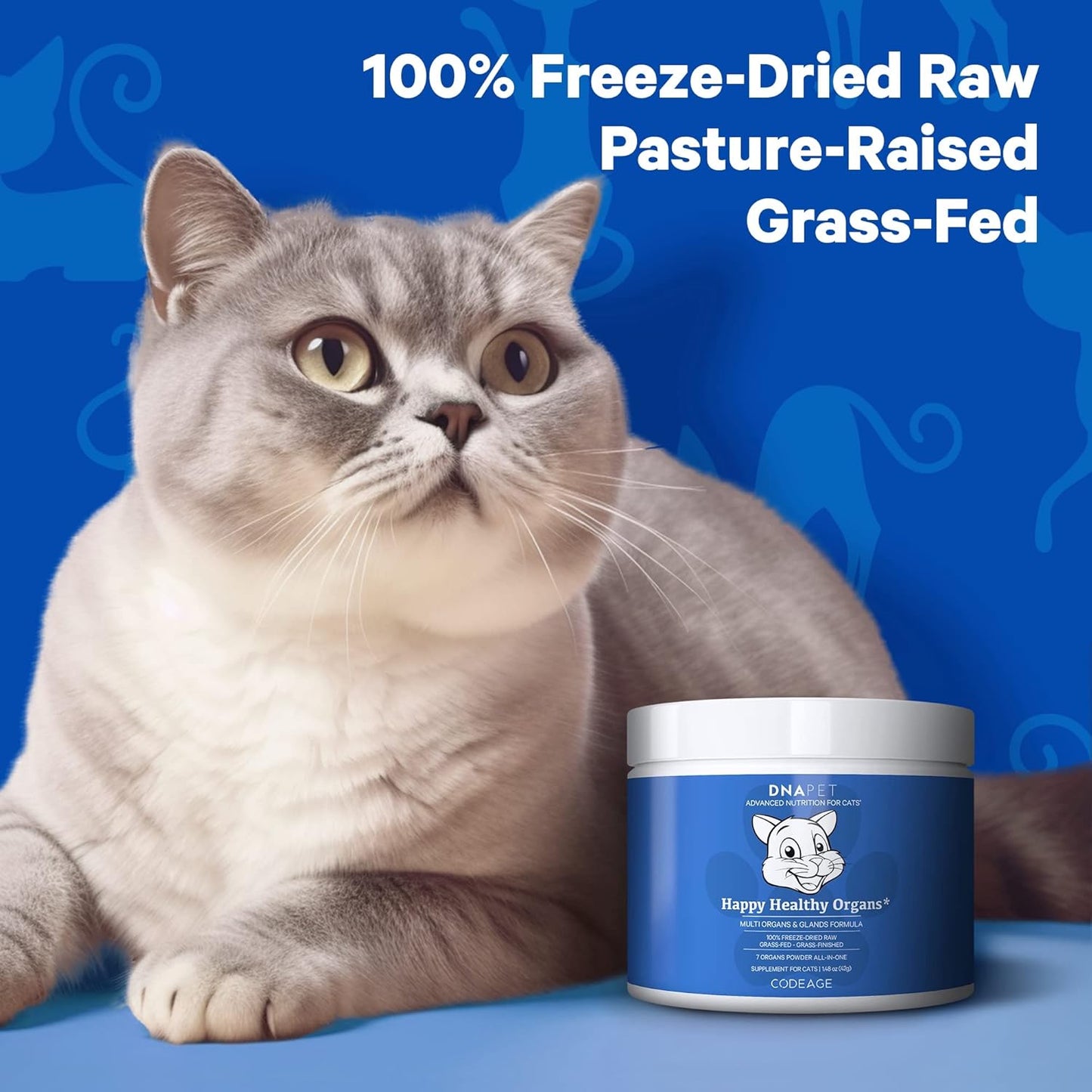 Happy Healthy Organs & Glands Supplement For Cats, Freeze-Dried Raw Bovine Liver Grass-Fed Bone Marrow Heart Kidney Pancreas, Bovine Thymus Iron Multi Organ Powder, Joints Cat Vitamins 1.48 oz