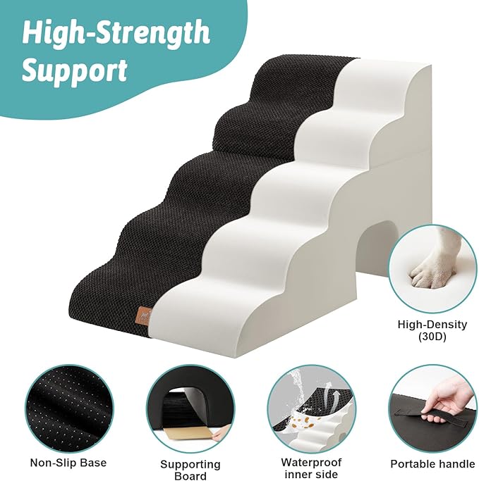 Extra Wide Dog Stairs with Tunnel, Detachable Large Pet Step for Small Medium Dog, Puppy or Cat, Ramp for High Bed, Couch, Sofa or Car, Stable, 19.7x33x22.4 inch, 5 Step, Black