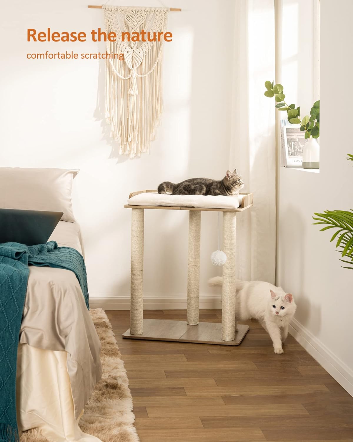 FourFurPets 26.7in Large Cat Tree Tower Condo, Cat Scratch Posts for Indoor Cats, Big Plate, Three 23.6in Full Sisal Scratching Posts, Greige