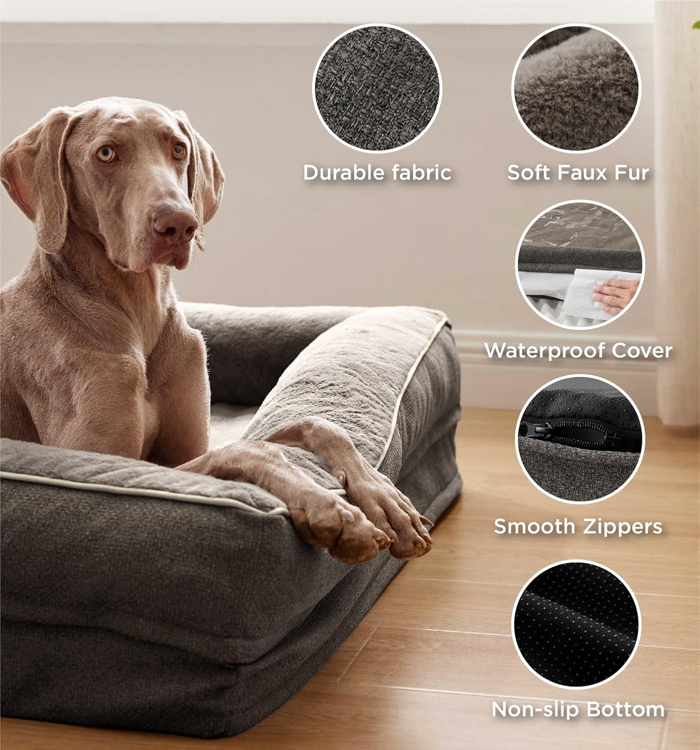 Made4Pets Orthopedic Dog Bed for Extra Large Dogs, Supportive Foam XL Pet Bed Sofa with Washable Removable Cover, Waterproof Large Dog Couch Bed, Non-Slip Bottom and Egg-Crate Foam, Grey