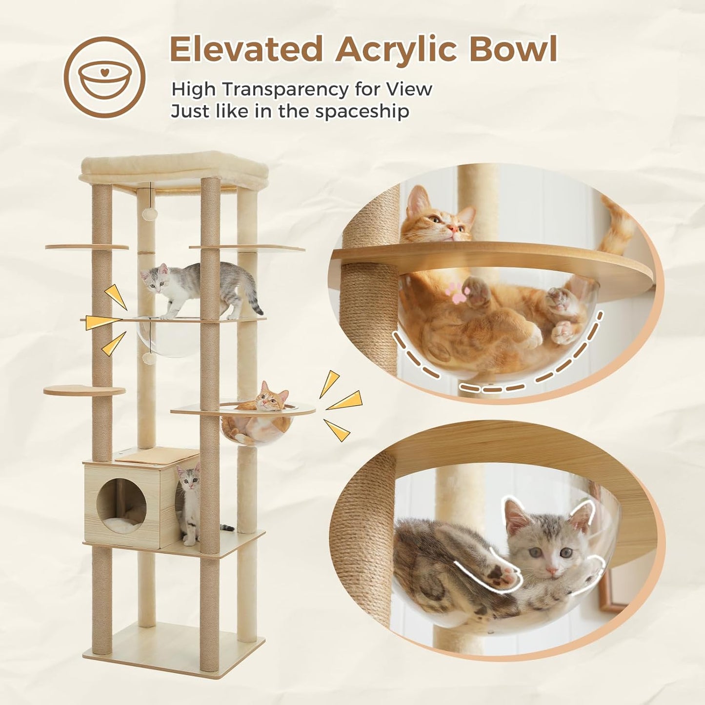 PEQULTI 71'' Cat Tree, Tall Wood Cat Tower for Indoor Cats with 2 Acrylic Cat Hammock, Multi-Level Activity Trees with Scratching Posts, Condo House and Large Top Perch for Large Cats, Beige