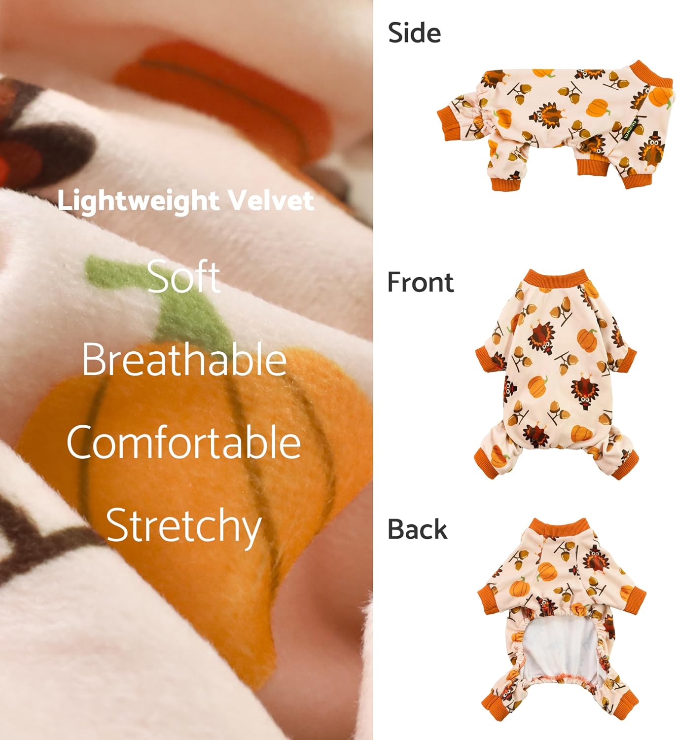 Fitwarm Thanksgiving Turkey Dog Pajamas, Funny Dog Winter Clothes for Small Dogs Girl Boy, Pet Jumpsuit, Cat Onesie with Feet, Lightweight Velvet, Orange, Medium