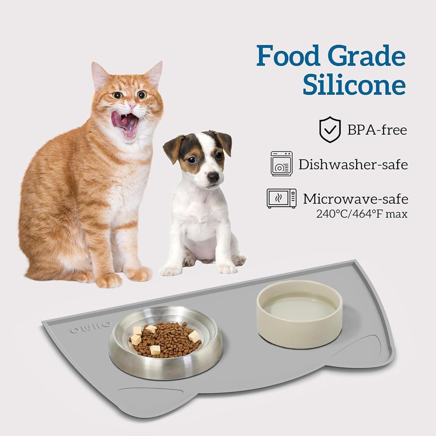OHMO - Cat Food Mat, Silicone Pet Feeding Mat for Floor Non-Skid Waterproof Dog Water Bowl Tray, Easy to Clean Pet Placemat (Ash, 18 * 9.8'')