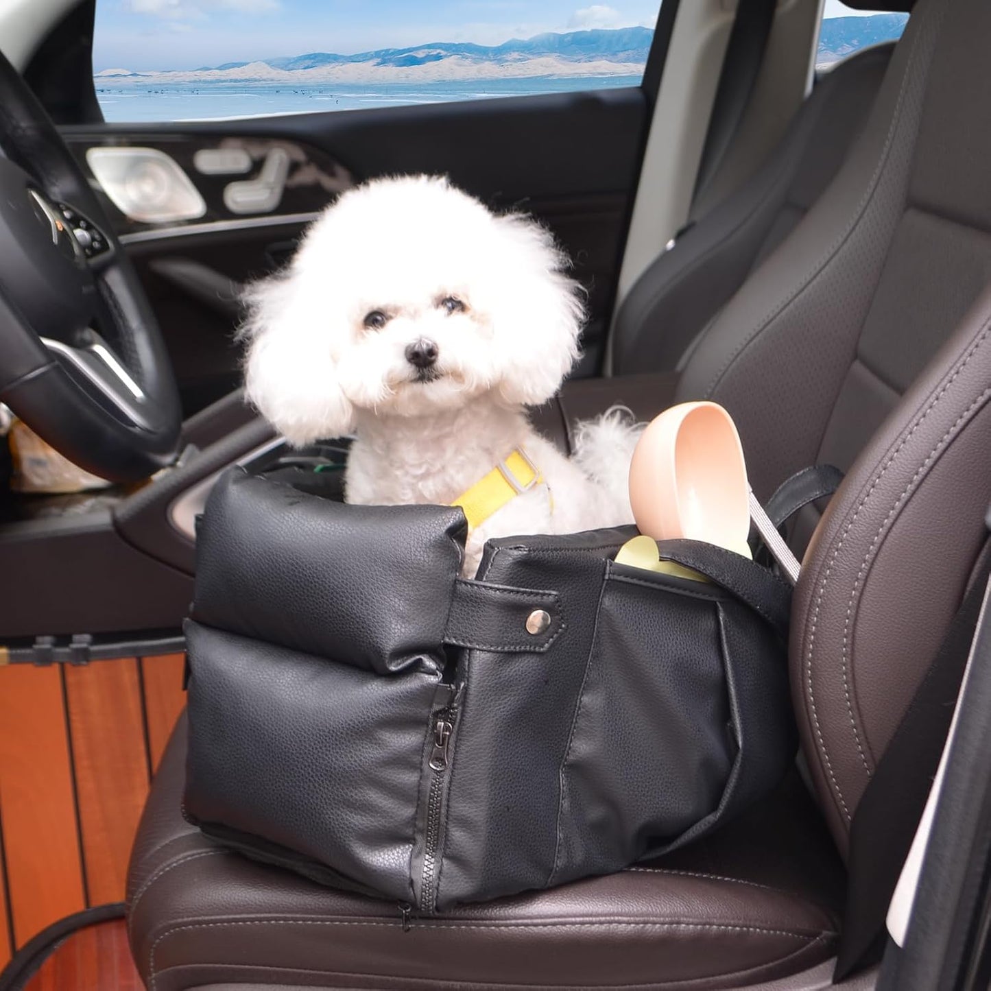 2 and 1 Center Console Dog Car Seat & Carrier for Small Dogs, Large Leather Dog Car Bed with Storage Pocket, Waterproof PVC Leather Seat Travel Bed for Front & Back Seat, Clip-On Safety Leash