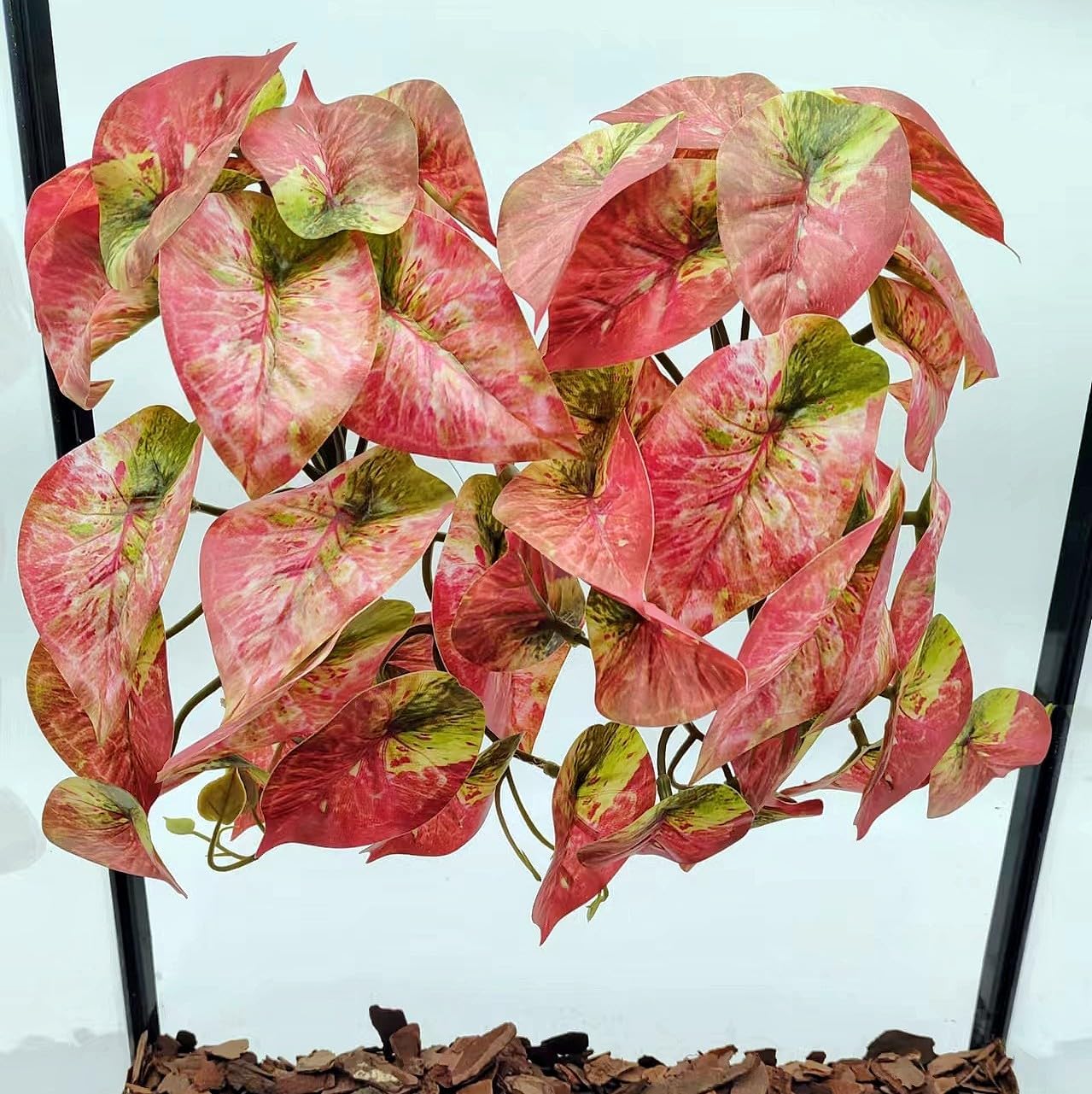 2 Pack Reptile Plants for Terrarium Decor, Amphibian Habitat Decor, Reptile Tank Accessories, Artificial Hanging Plants with Suction Cup (Red Arrowhead)