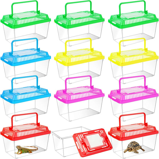 12Pcs Plastic Reptile Terrariums Carrier Cage Tarantula Enclosure Snake Breeding Box Hatching Container Transparent Fish Tank Turtle Aquarium with Random Color Lid for Spider, XS(5.1” x 3.5” x 3.5”