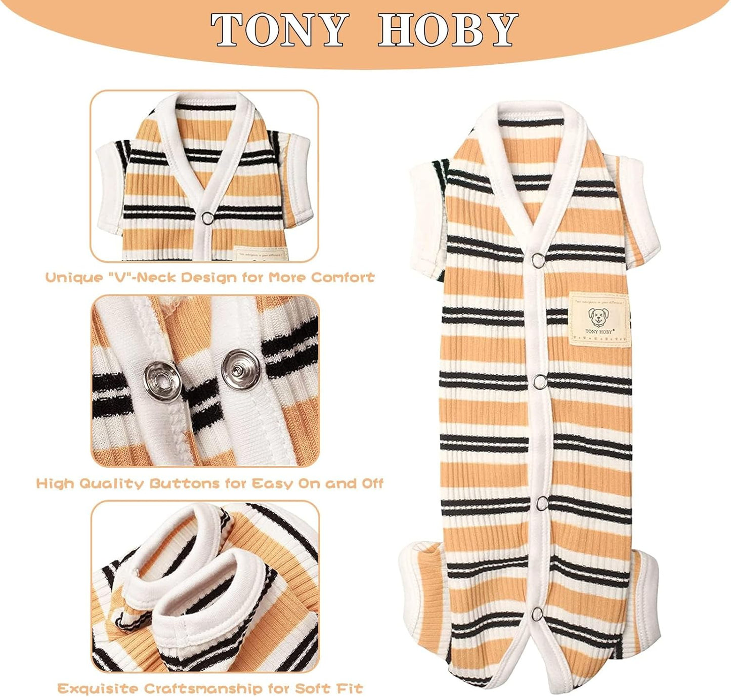 TONY HOBY Male Dog Pajamas, 4 Legged Dog Jumpsuit with Brown Stripe, Dogs Shirt for Small Medium Dogs (Brown, Boy, S)
