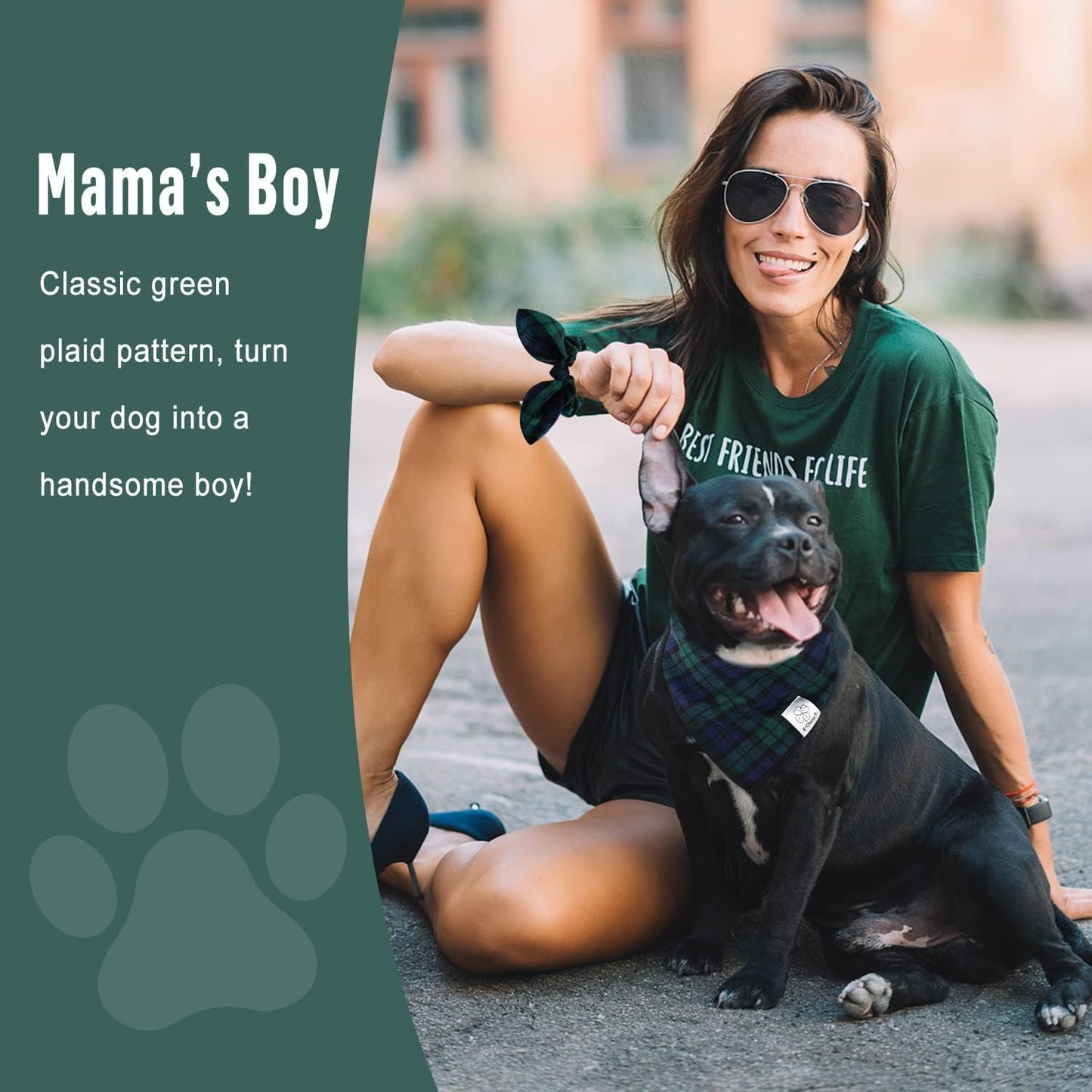 E-Clover Dog Bandanas Boy & Matching Scrunchie Set Plaid Scarf Kerchief for Small Dog Puppy Bandana Pet Owner Blue Green Fall